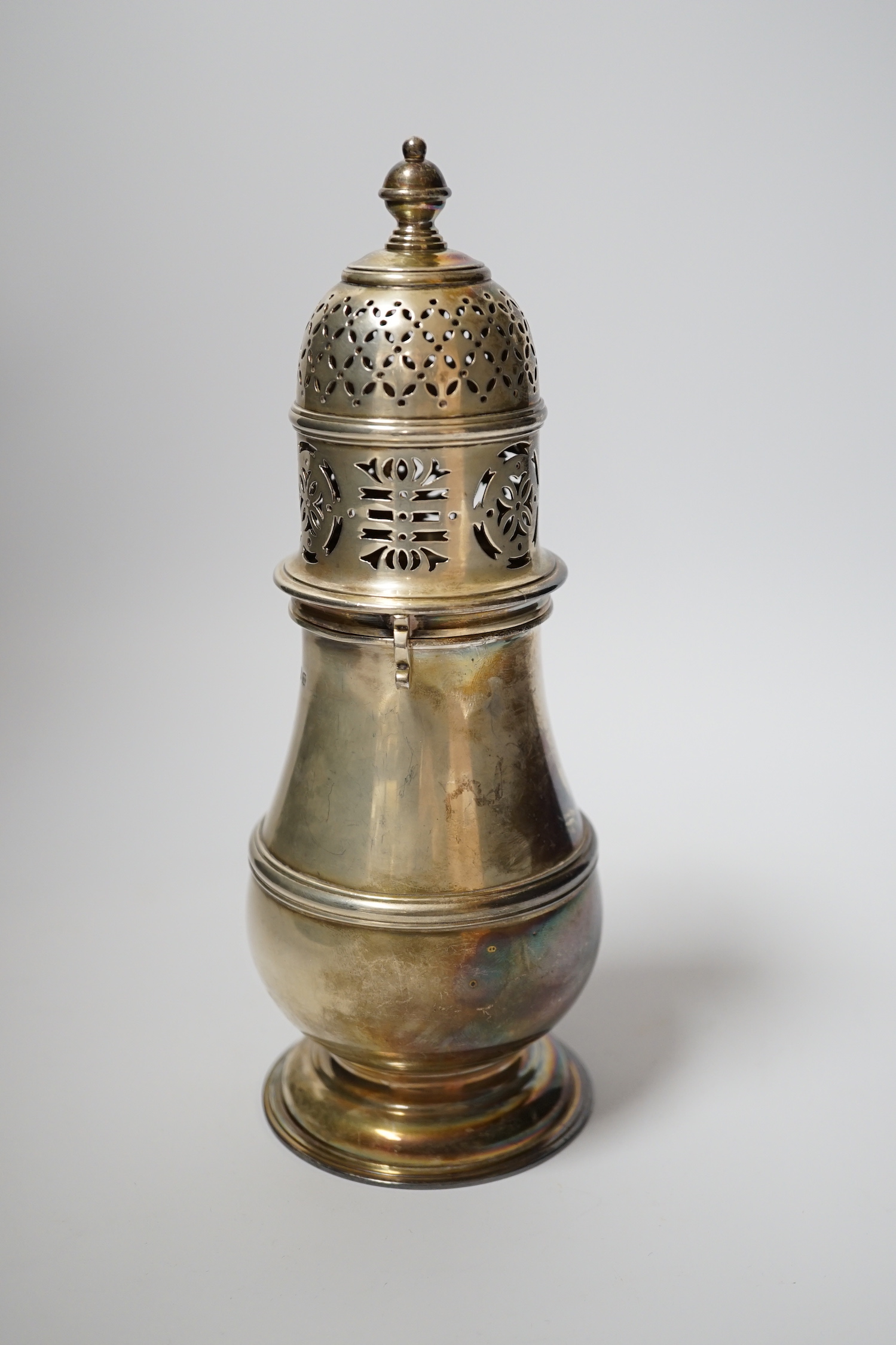 A George V Brittania standard silver baluster sugar caster, Daniel & John Welby, London, 1927, 21cm, 16oz.